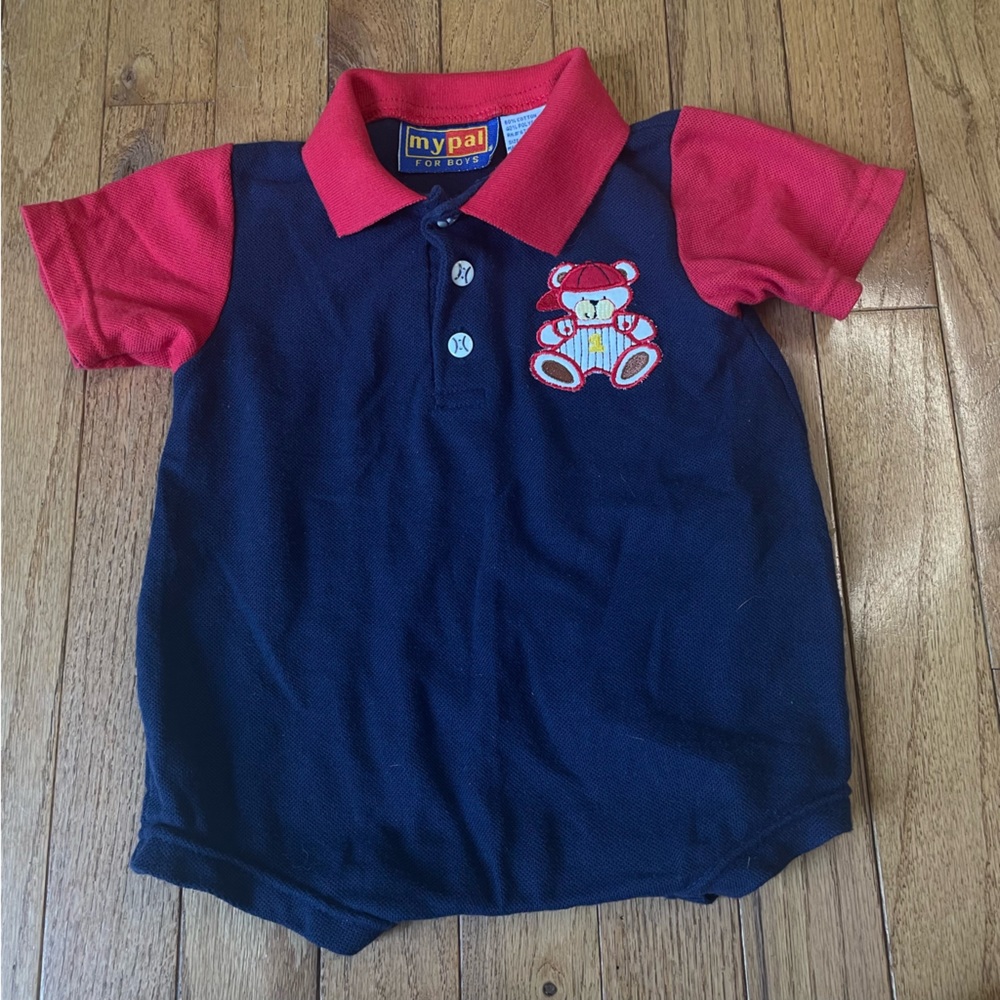 VINTAGE MY PAL BLUE RED BASEBALL TEDDY BEAR ROMPER OUTFIT SIZE 6/9 MONTHS